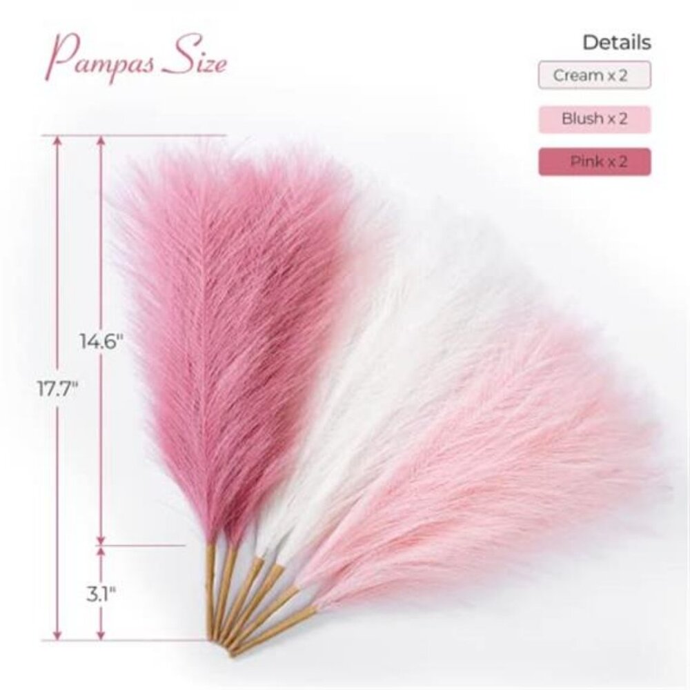 Pampas Grass Pink Decor 17.7 Inch 6pcs, Faux Pampas Grass Home Decor - Picture 3 of 5